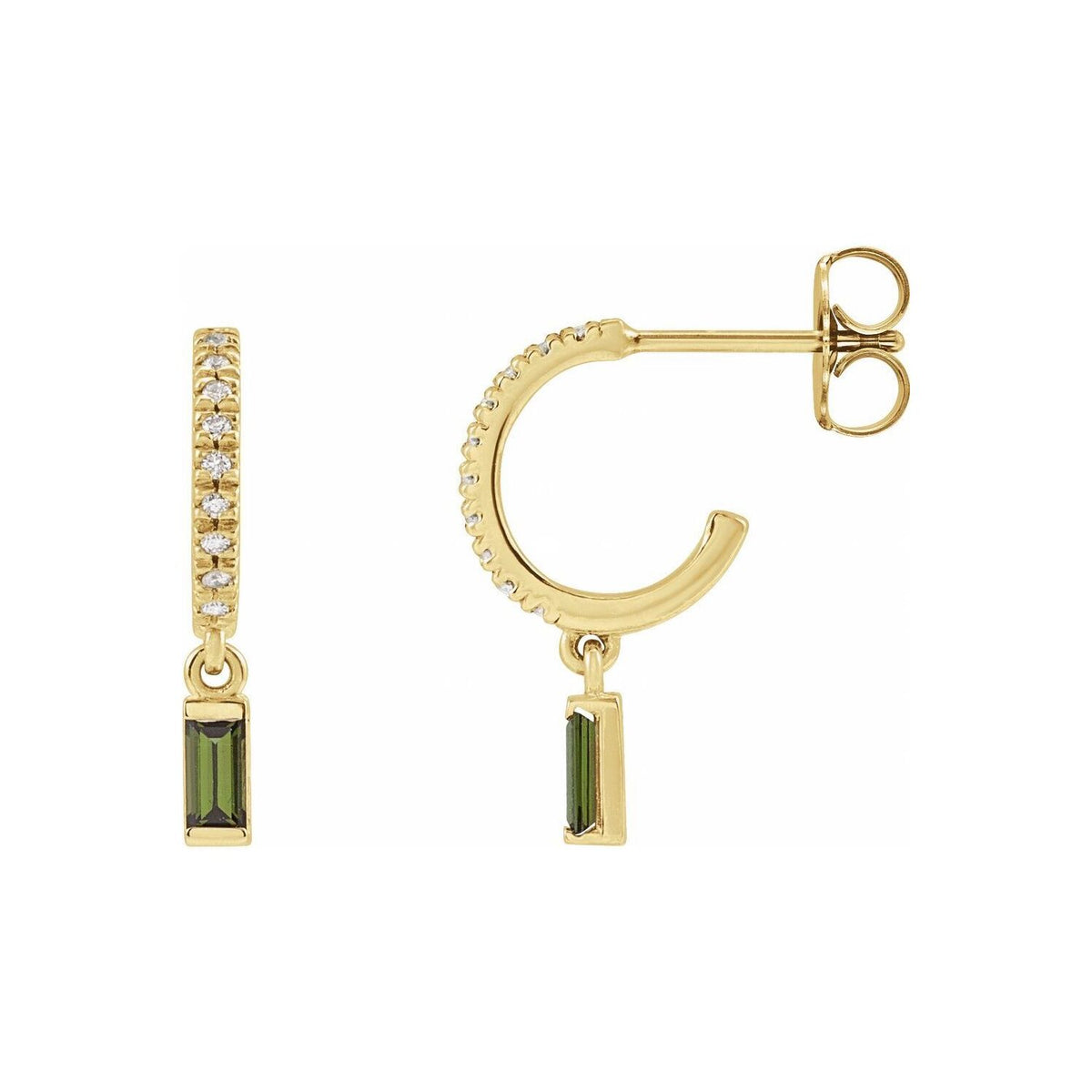 14K Yellow Gold French-Set Small Hoop Earrings with Baguette Gemstone Drop