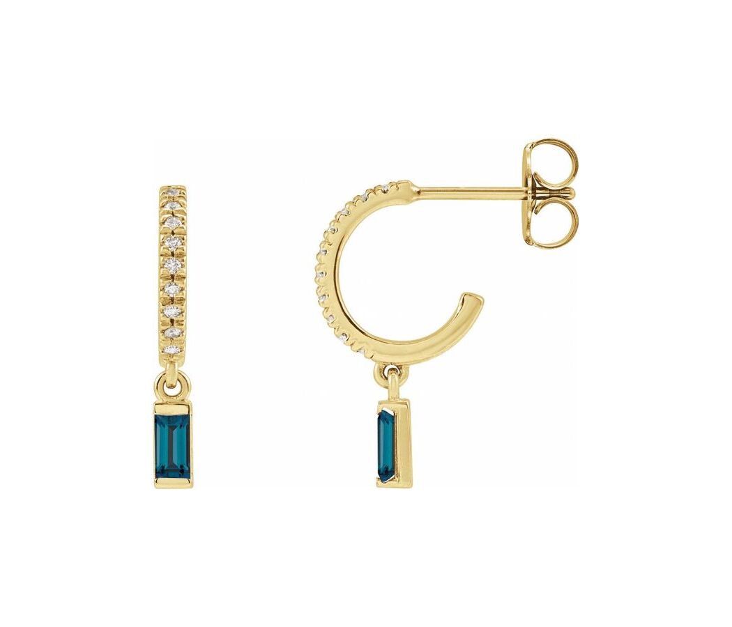 14K Yellow Gold French-Set Small Hoop Earrings with Baguette Gemstone Drop