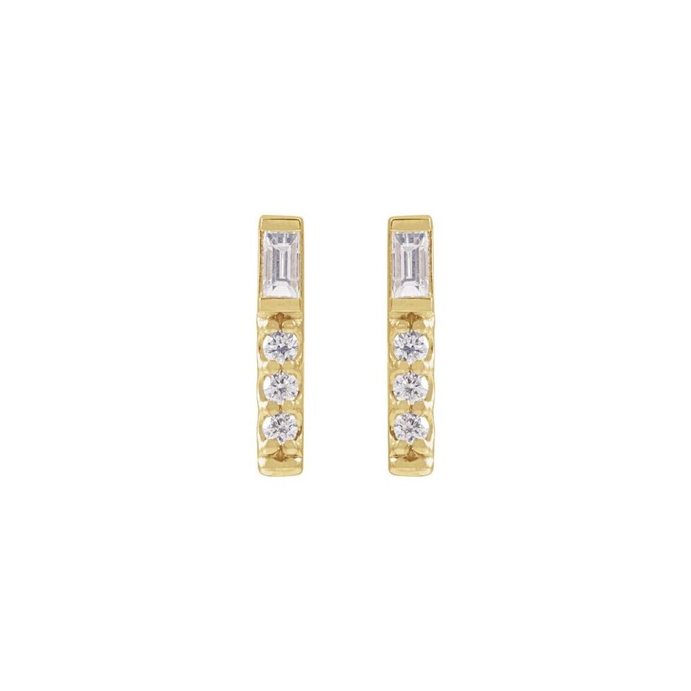 14K Yellow Gold Baguette and Round Diamond Bar Earrings