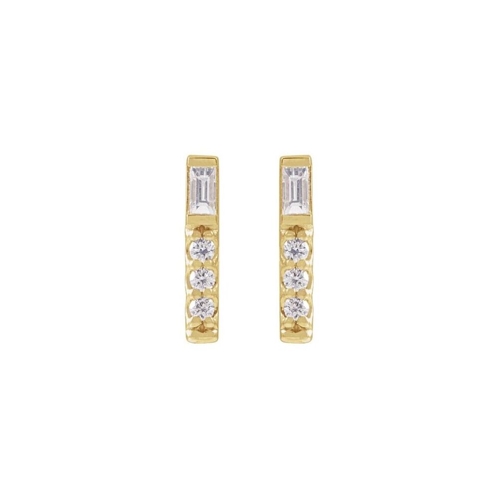 14K Yellow Gold Baguette and Round Diamond Bar Earrings