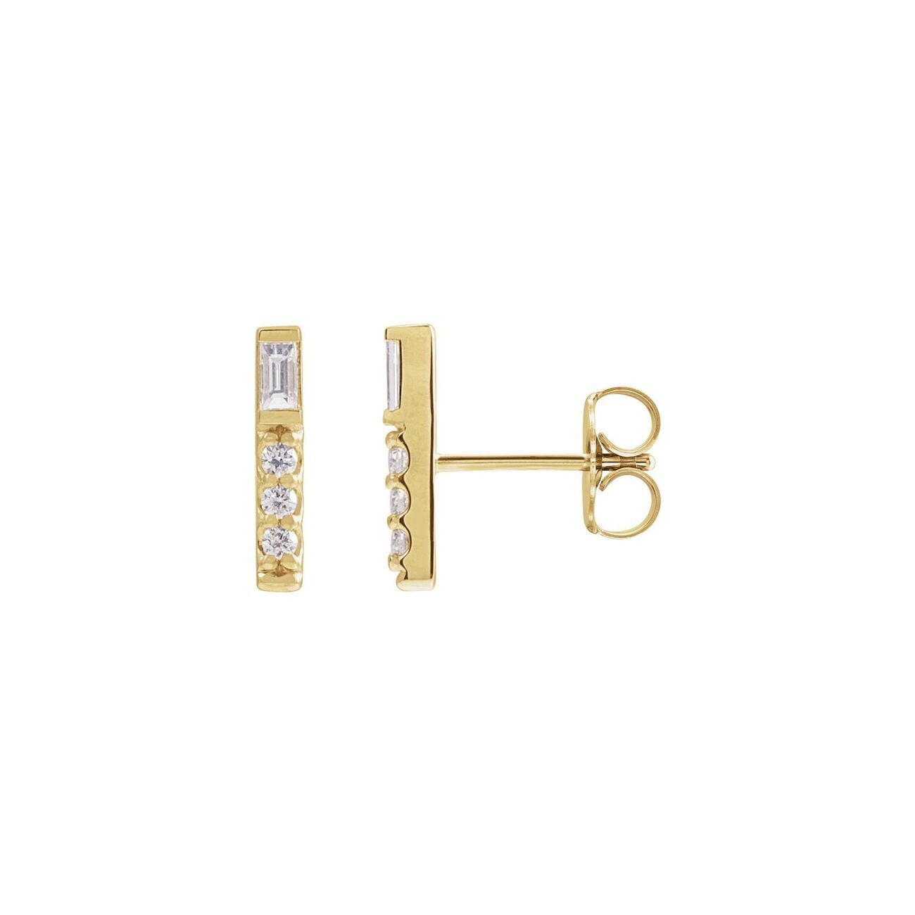 14K Yellow Gold Baguette and Round Diamond Bar Earrings