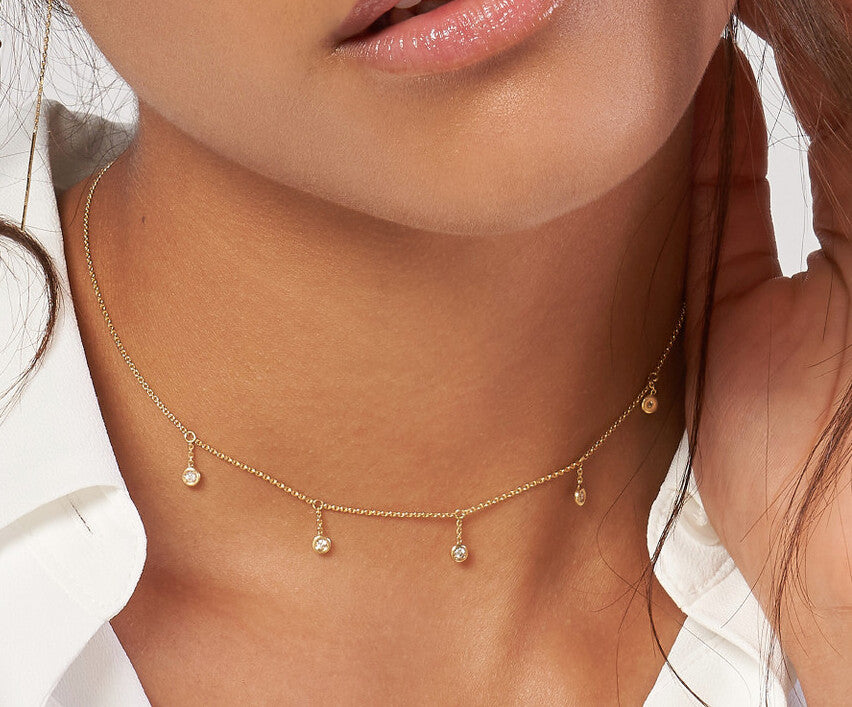 14K Yellow Gold Diamond Bezel Drop Adjustable Choker