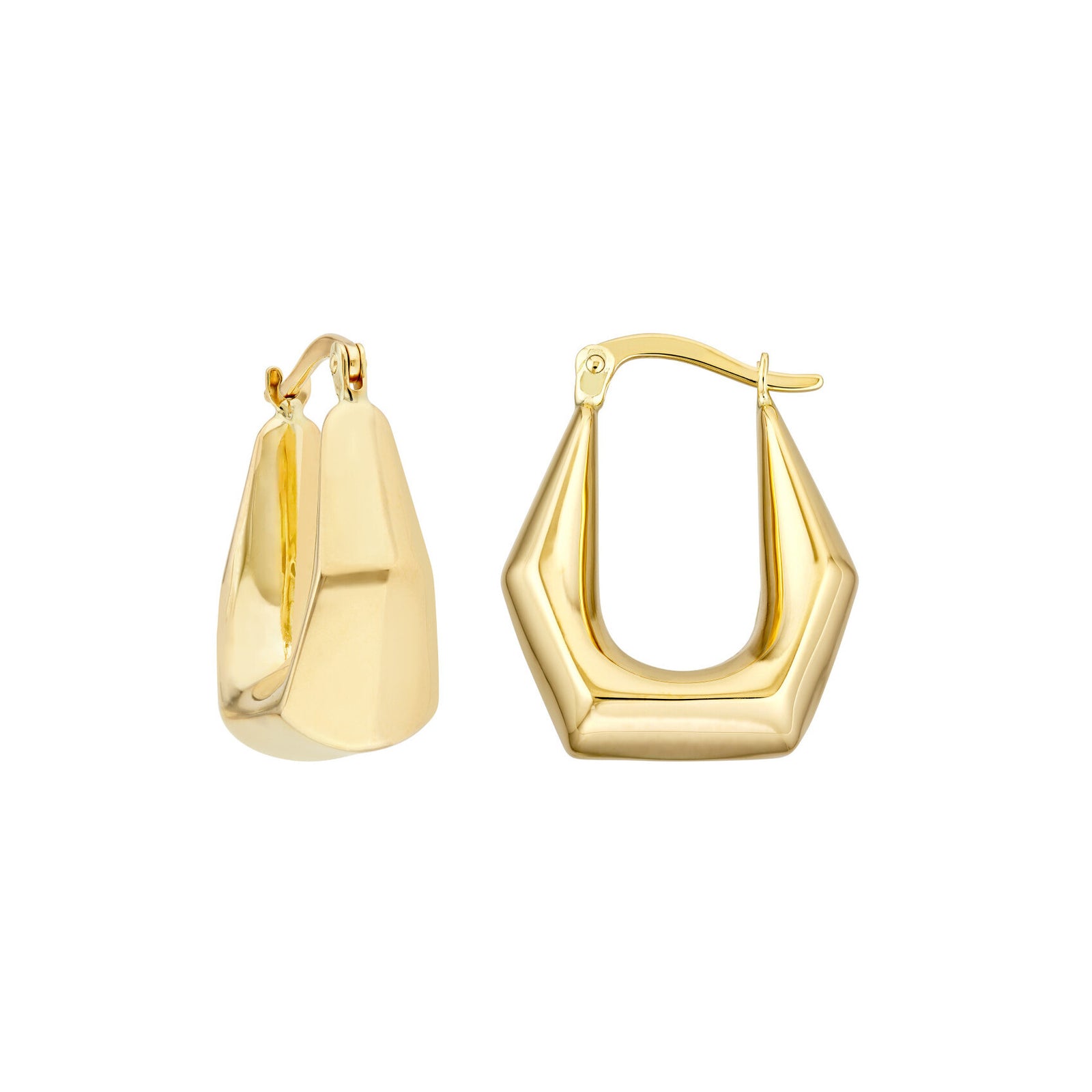 14K yellow gold puffed pentagon hoop earrings