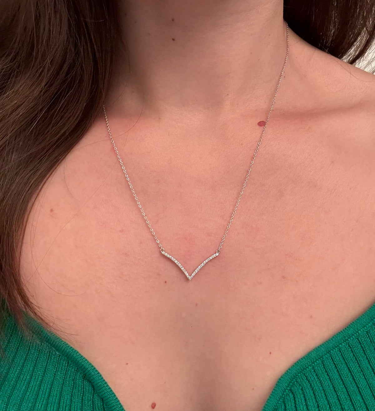 14K White Gold Diamond V Necklace