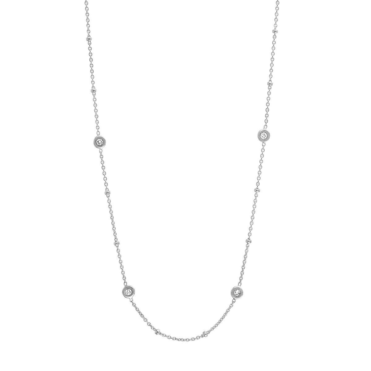 14K White Gold Round Bezel Diamond Necklace with Beads