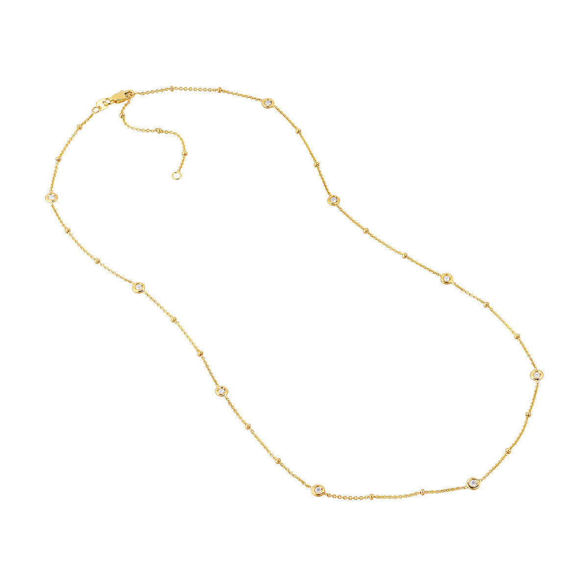 14K Yellow Gold Round Bezel Diamond Necklace with Beads