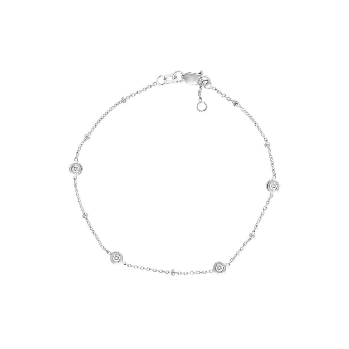 14K White Gold Round Bezel Diamond Bracelet with Beads