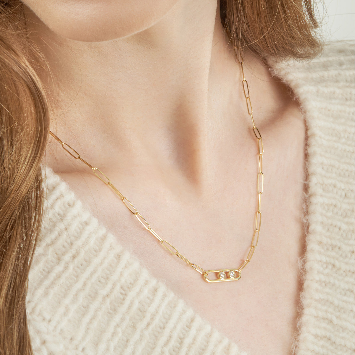 14K Yellow Gold Double Diamond Paperclip Necklace