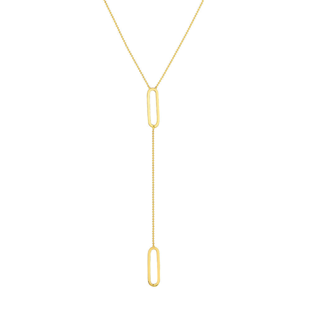 14K Yellow Gold Y Bead Chain Necklace With Paperclip Details