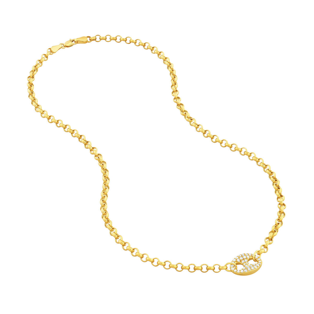 14K Yellow Gold Diamond Mariner Link Necklace with a Rolo Chain