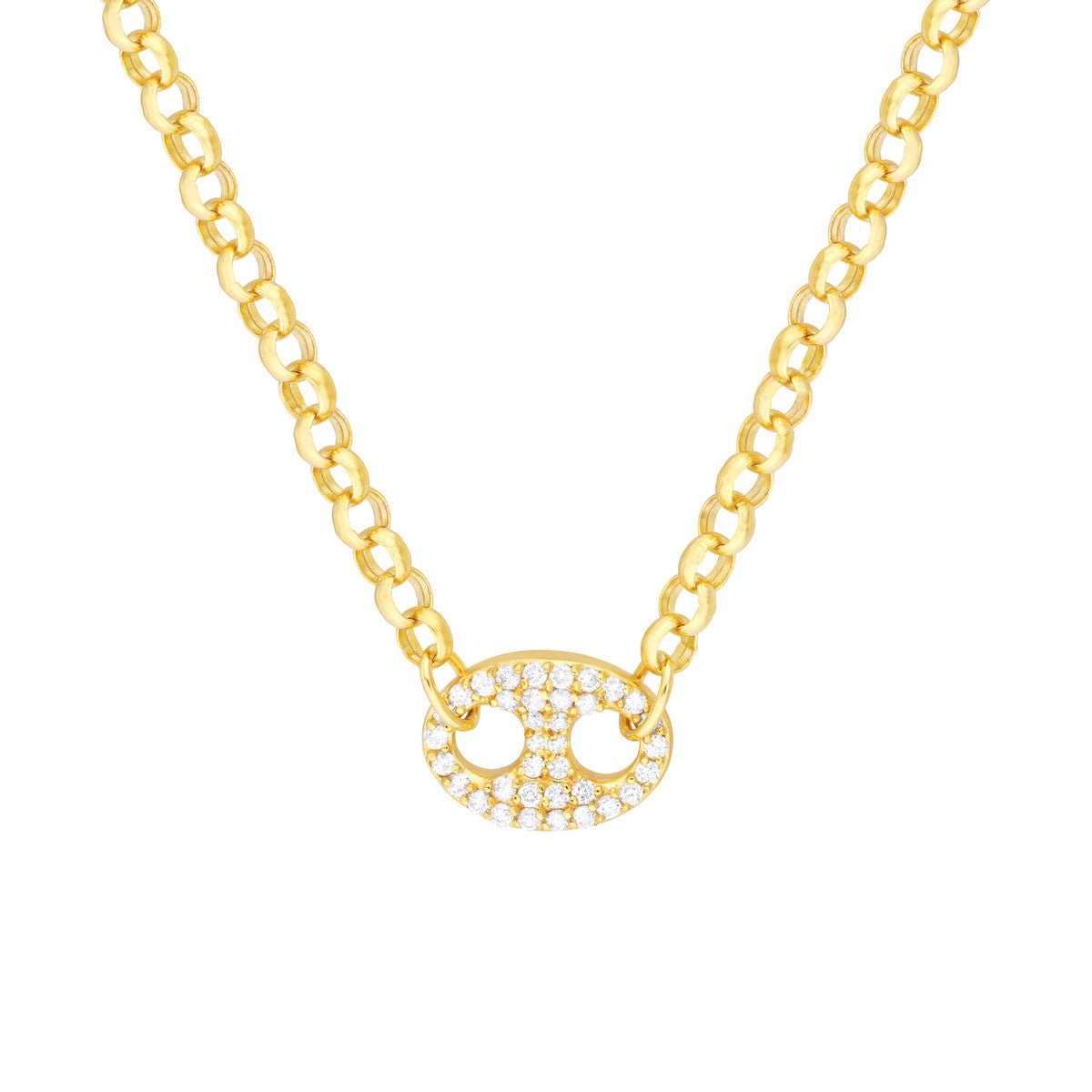 14K Yellow Gold Diamond Mariner Link Necklace with a Rolo Chain