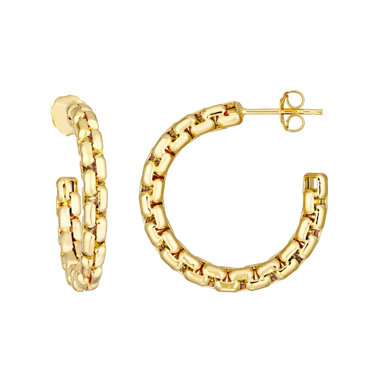 14K Yellow Gold Rounded Box Link Hoop Earrings