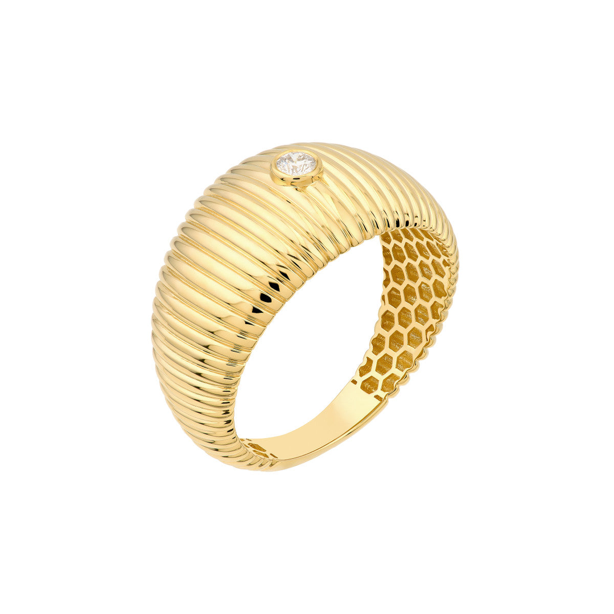 14K Yellow Gold Ribbed Statement Ring with Bezel-Set Diamond