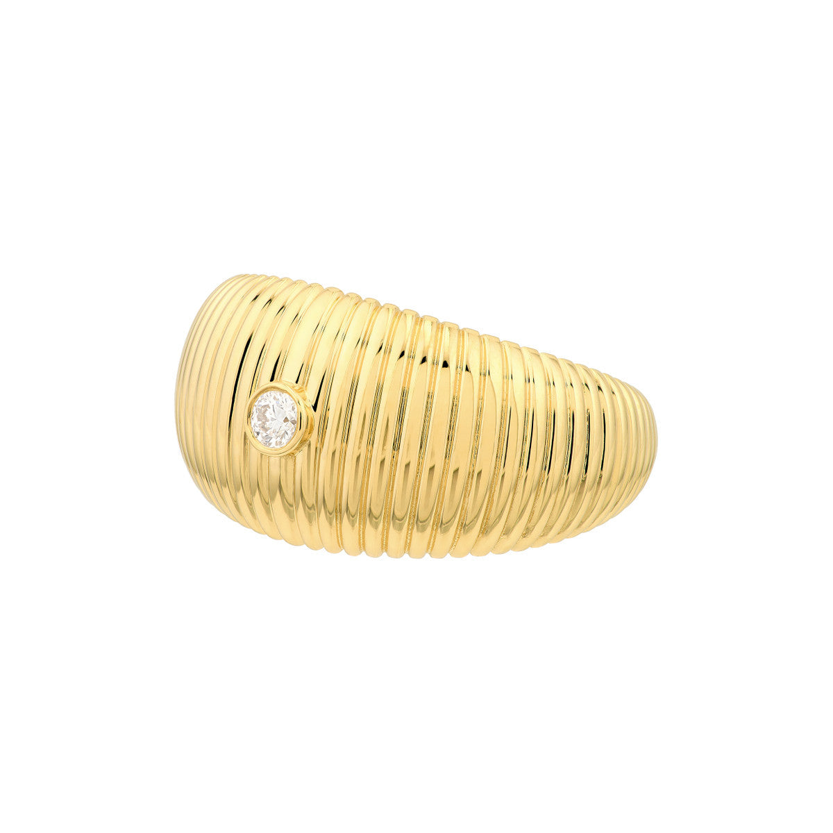 14K Yellow Gold Ribbed Statement Ring with Bezel-Set Diamond