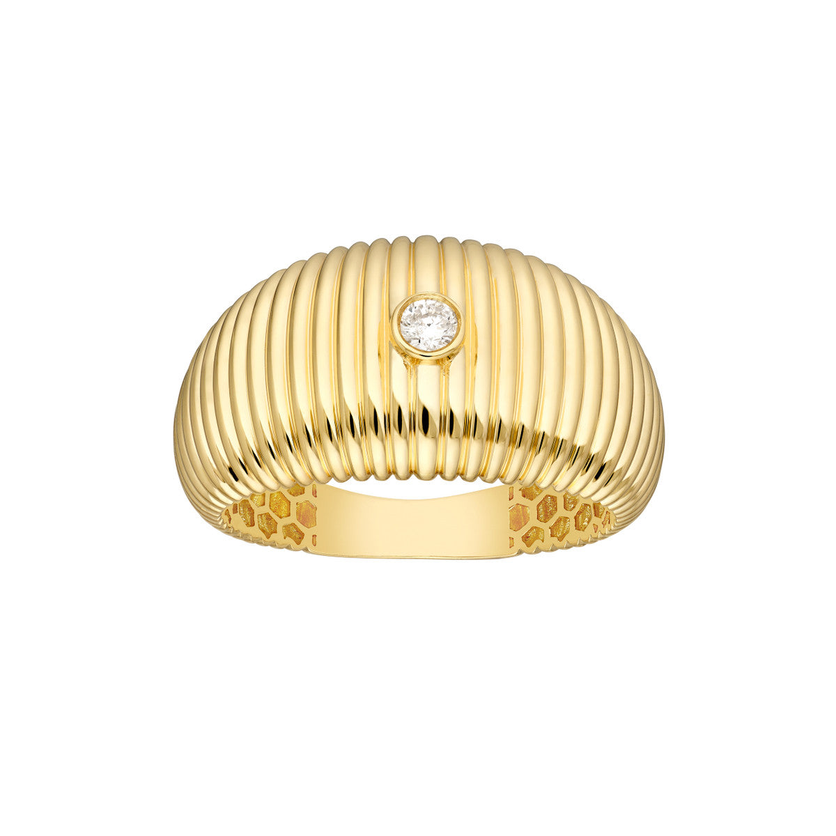 14K Yellow Gold Ribbed Statement Ring with Bezel-Set Diamond